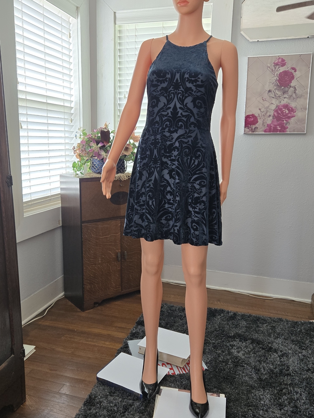 Aqua Velvet Burnout Halter Skater Dress
